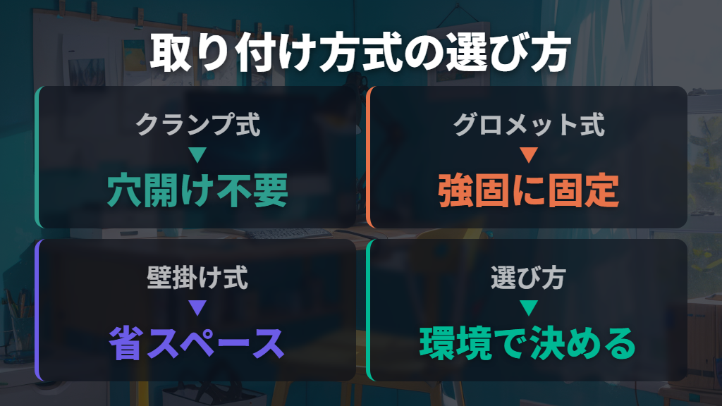 クランプ式・グロメット式・壁掛け式の特徴と選び方