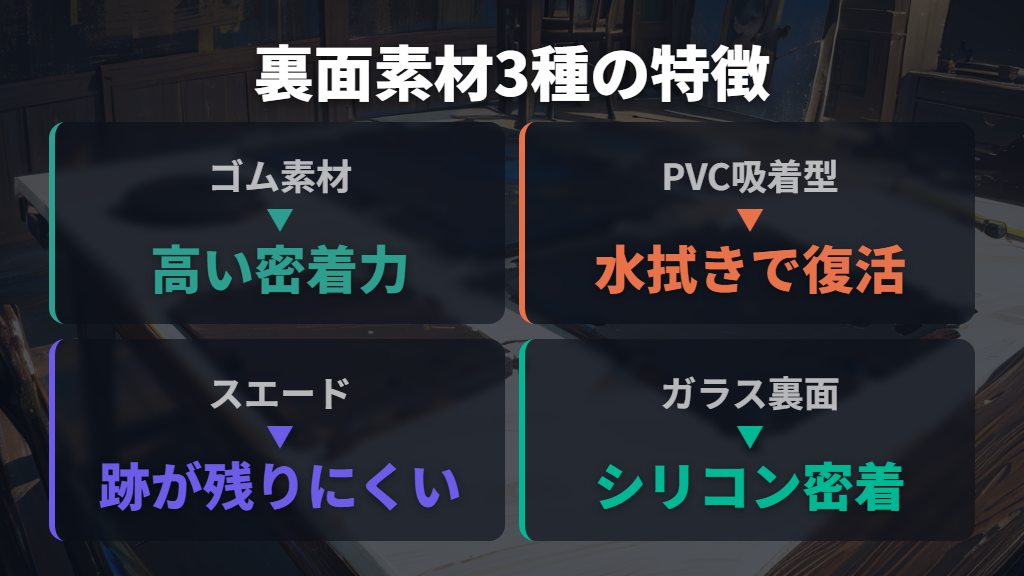 裏面素材の種類別に見る滑り止め効果の違い（ゴム・吸着・PVC）