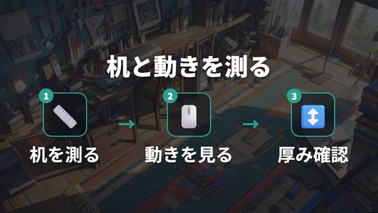 サイズと厚みで選ぶポイントは机と動かし方を測ること