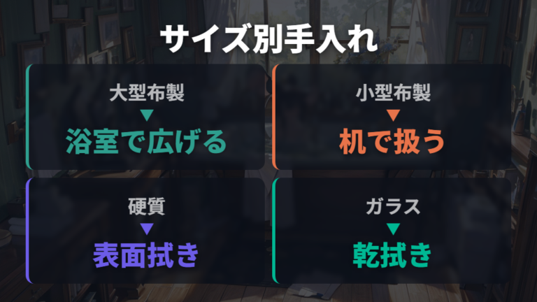 素材とサイズで洗い方を分ける大型布製と硬質タイプ
