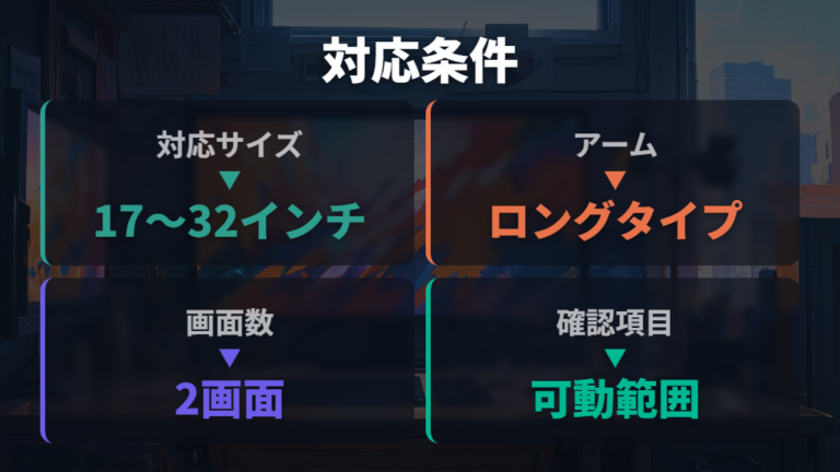2画面用アームは対応サイズと可動範囲から確認する