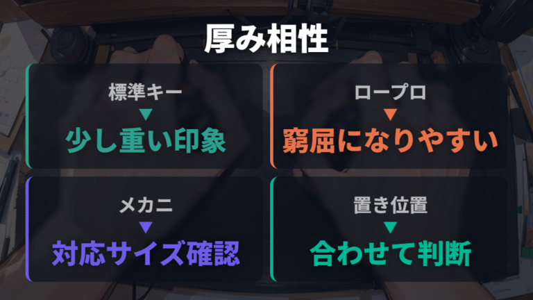 厚みで選ぶリストレストはキーボード前面との相性を見る