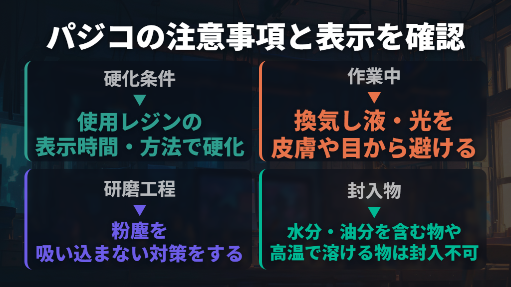 硬化条件と作業中の注意はレジンメーカーを基準にする