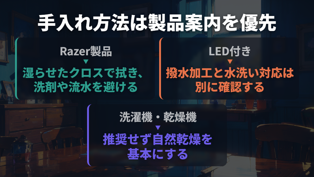 丸洗いできるとは限らない：手入れは製品メーカーの案内を優先