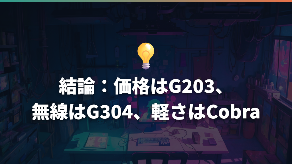 結論:価格はG203、無線はG304、軽さはCobra