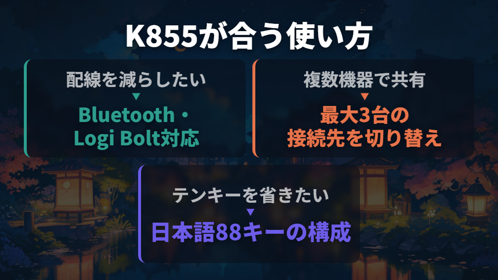 K855が向くのは無線・テンキーレス・打鍵感を重視する人