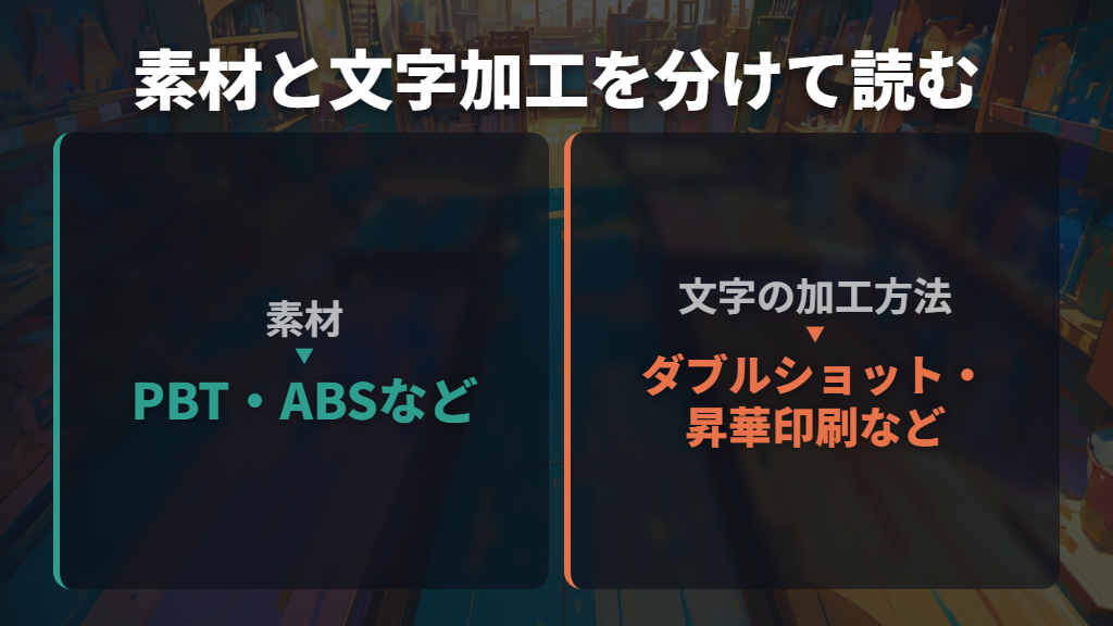 PBT・ABSの素材と文字の加工方法を分けて選ぶ