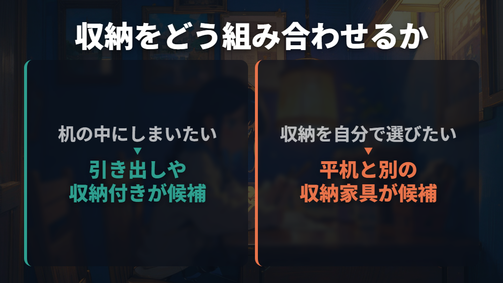 収納付きと平机は、しまう物と足元の使い方で分ける